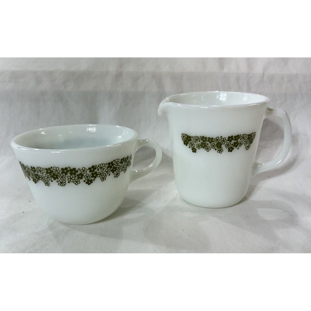 Vintage Pyrex Crazy Daisy Spring Blossom Green Creamer Coffee Cup Set 2 Pc